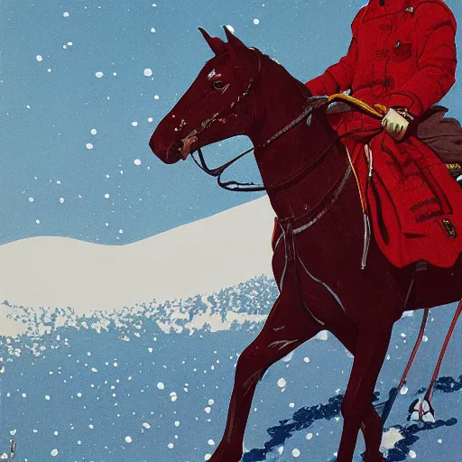 Image similar to a painting of a person on a horse in the snow, poster art by otomo katsuhiro, cgsociety, nuclear art, reimagined by industrial light and magic, official art, poster art
