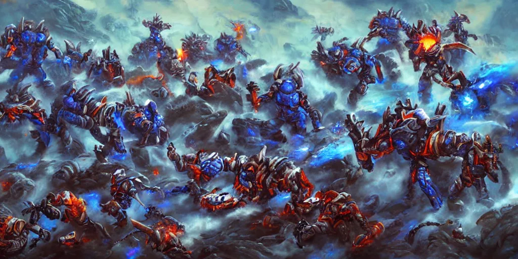 Image similar to zerglings killing the terran soldiers, set in the starcraft universe, in an epic and bloody battle, beautiful painting