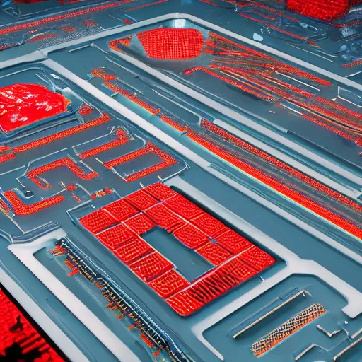 Image similar to photo of a futuristic city in a dystopian future made of electronic components and looks like a giant pcb board. Very detailed 8k. Unreal engine 5 render with nanite, global illumination and path tracing. Cinematic post processing. Emphasize on the colors red and black.