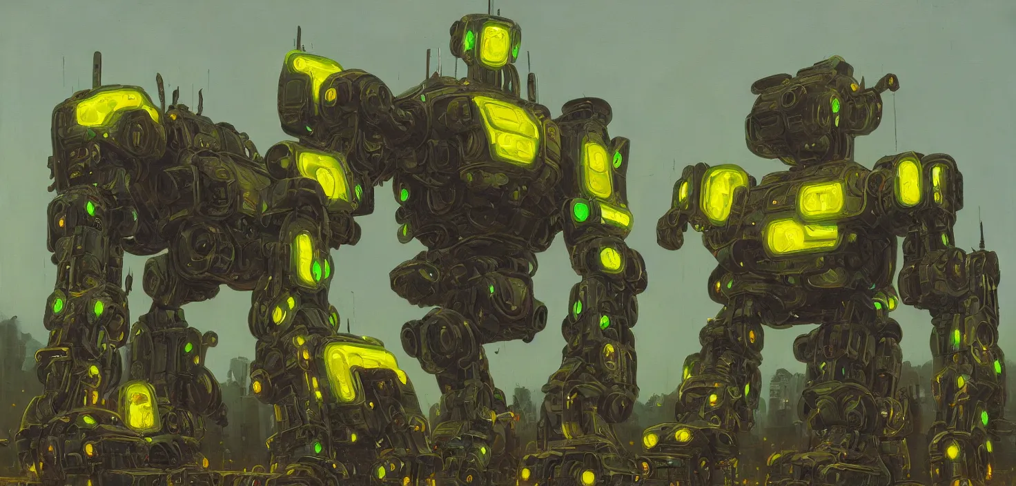 Image similar to an intricate oil painting of a giant armored metal mecha by simon stalenhag, green, yellow and black trim