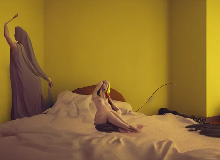 Image similar to rgb, woman, yellow bedroom, cinematic, movie scene, inspired by zdzislaw beksinski, new zealand landscape, clothes made out of veins,, cables everywhere, bedroom, ultra realistic, concept art, intricate details, highly detailed, photorealistic, octane render, 8 k