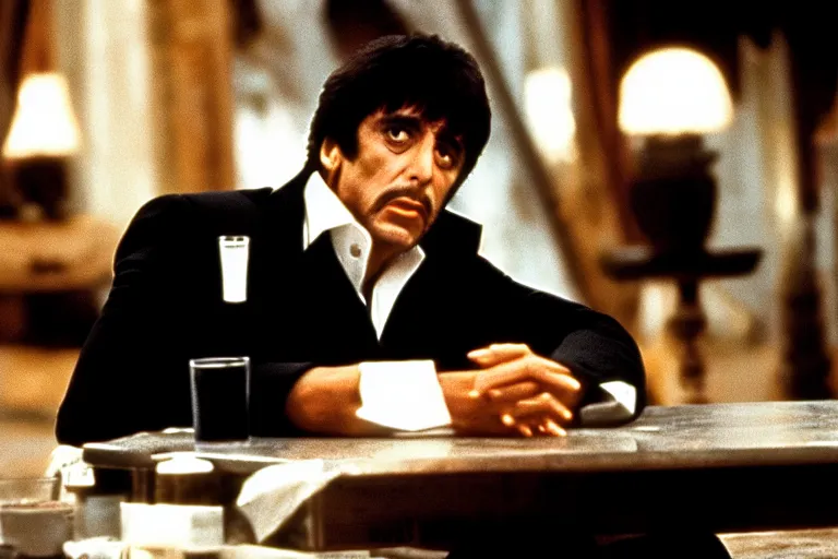 Image similar to tony montana from movie scarface 1 9 8 3 sitting behind a big black oak table with big large packages of flour. long shot. al pacino. perfect symmetric face, coherent eyes, fine details, 4 k, ron cobb, cinestill. last scene from scarface movie