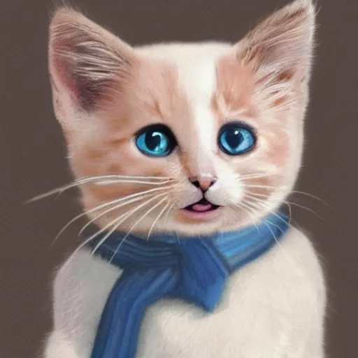 Image similar to a kitten with light blue cartoon eyes looking very happy with a cheeky grin, wearing a police uniform, portrait with pastel paints