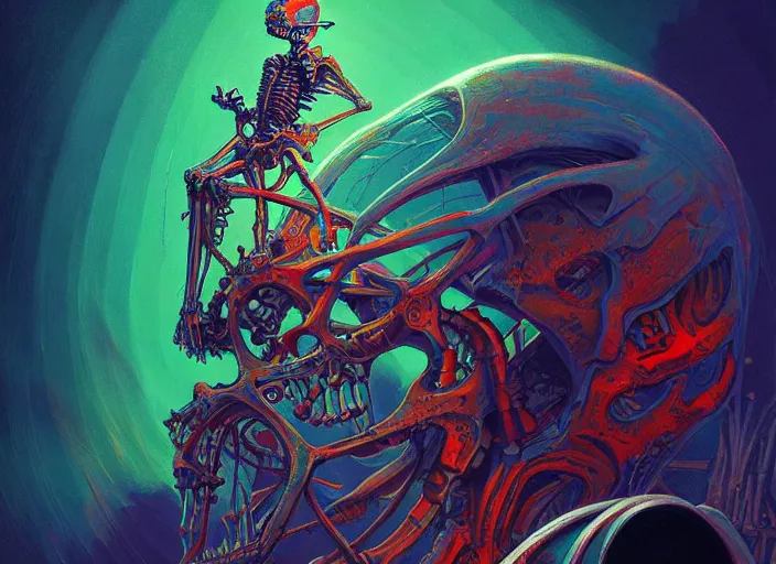 Prompt: a psychedelic portrait of omin dran biomechanical skeletal, vibrant color scheme, highly detailed, in the style of romanticism, cinematic, artstation, moebius, greg rutkowski