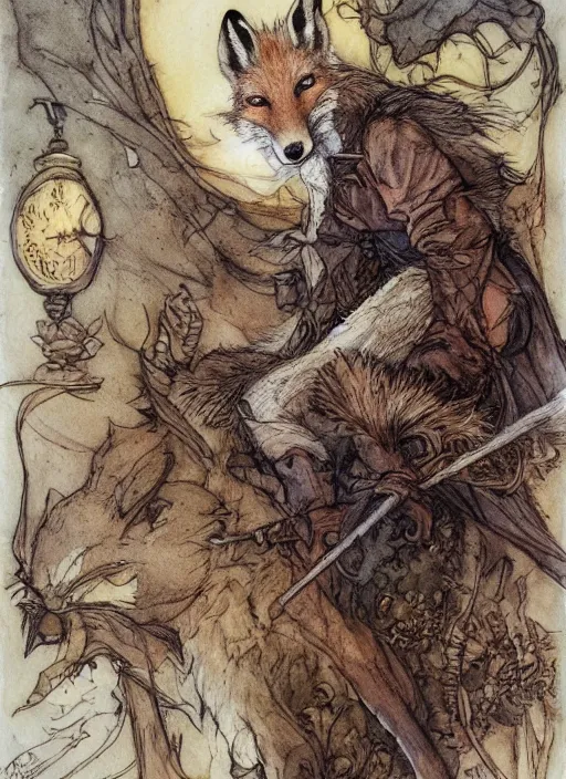 Image similar to portrait of a fox - faced theif, human features, dnd, gwelf, highly detailed, perfect lighting, watercolor and ink illustration, muted colors. perfect composition, 4 k, by brian froud, larry macdougall, jean - baptiste monge, arthur rackham