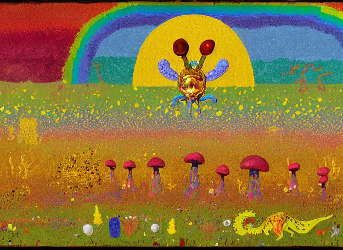 Image similar to pixel decollage painting golden armor alien zombie horseman riding on a crystal bone dragon broken rainbow diamond maggot horse in a blossoming meadow full of colorful mushrooms and golden foil toad blobs in a golden sunset, distant forest horizon, painted by Mark Rothko, Helen Frankenthaler, Danny Fox and Hilma af Klint, pixelated, neo expressionism, semi naive, rich deep colors, cinematic, color field painting, cave painting, voxel, pop art look, outsider art, minimalistic. Bill Traylor painting, part by Philip Guston and Francis Bacon. art by Adrian Ghenie, 8k, extreme detail, intricate detail, masterpiece