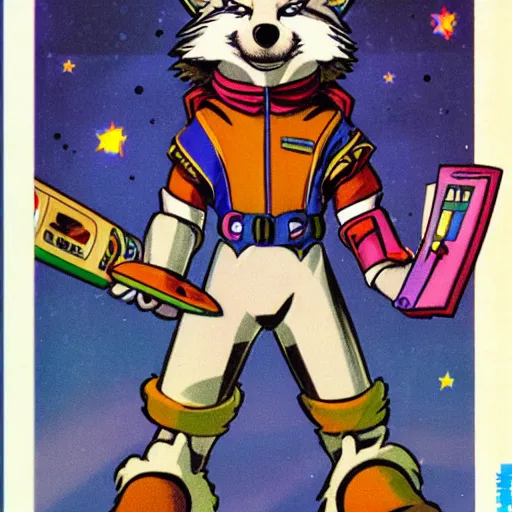 Image similar to 1 9 8 0 s video game art of anthropomorphic wolf o'donnell from starfox fursona furry wolf in a space cadet uniform, looking heroic, magazine scan, 8 0 s game box art, wolf o'donnell