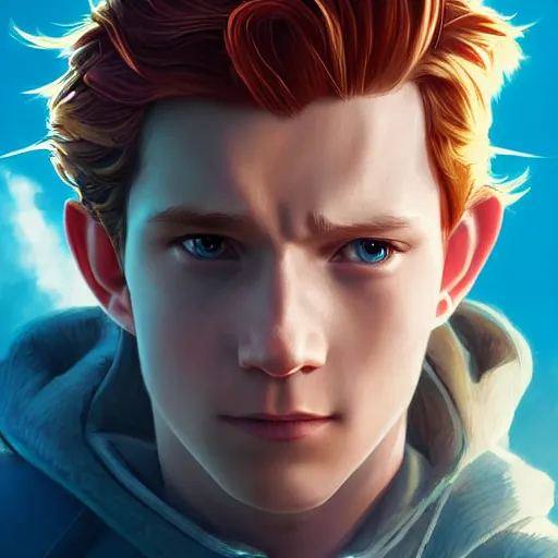 Image similar to Link The movie,live action,played by Tom Holland, blonde hair,detailed 8k,in the style of a movie poster,close up,by rossdraws and greg rutkowski