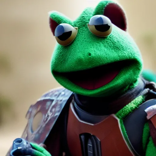 Prompt: Film still of Kermit the Frog as a Mandalorian, from The Mandalorian (2019)