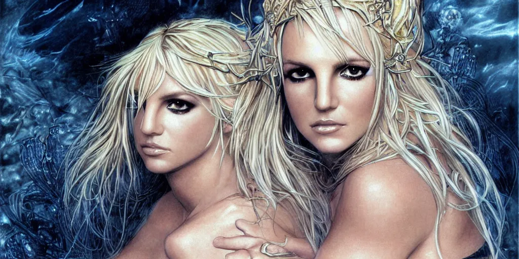 Image similar to Britney Spears as a beautiful blonde goddess, fantasy, portrait, sharp focus, intricate, elegant, illustration, ambient lighting, art by Luis Royo