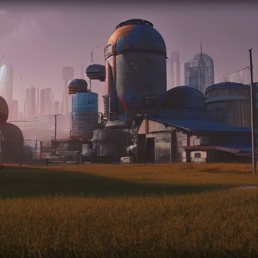 Prompt: fully detailed landscape of a cyberpunk farm , watertank, futuristic tractors, farmhouse, Ai , in the future, high quality, 8k , octane render