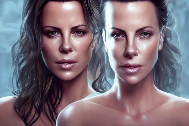 Prompt: a very beautiful hyper - realistic portrait of kate beckinsale and charlize theron and sharon stone! looking at each other, rendered by beeple, by makoto shinkai, syd meade, starwars, digital illustration, unreal engine, wlop, trending on artstation, 4 k uhd image, octane render