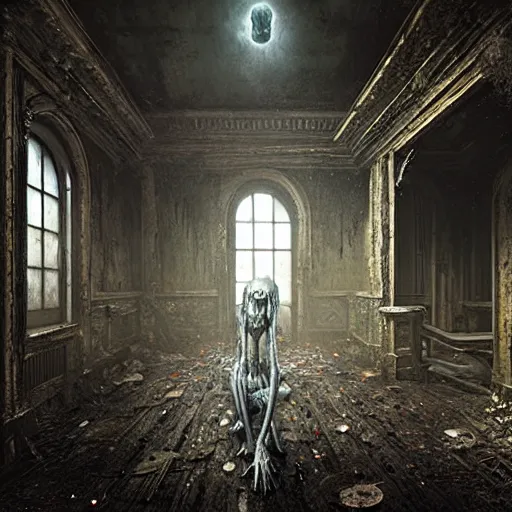 Image similar to bloody demonic snarling horror creature, inside an old abandoned house, backlit, extremely detailed digital matte painting by Greg Rutkowski and H.R. Giger