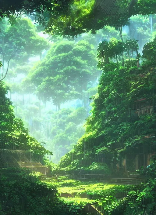 Prompt: a lost city deep in the jungle, overgrown with vines and trees by makoto shinkai, anime, stylistic