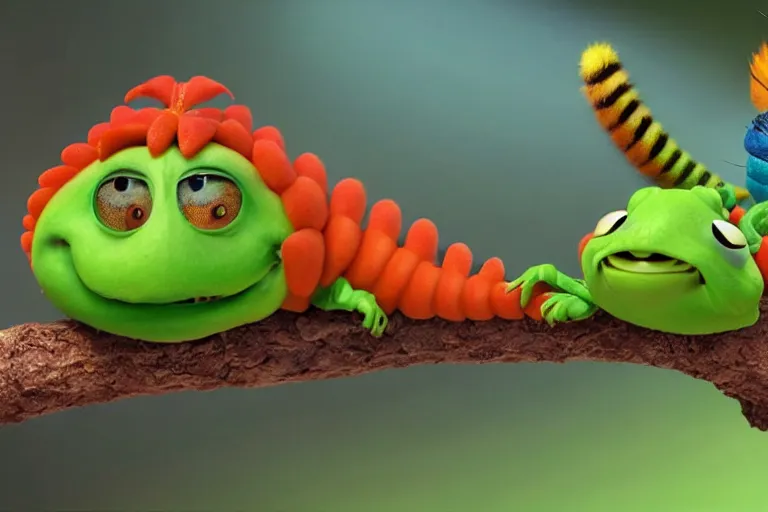 Image similar to disney pixar's a bug's life, cgi caterpillar colorful, furry caterpillar