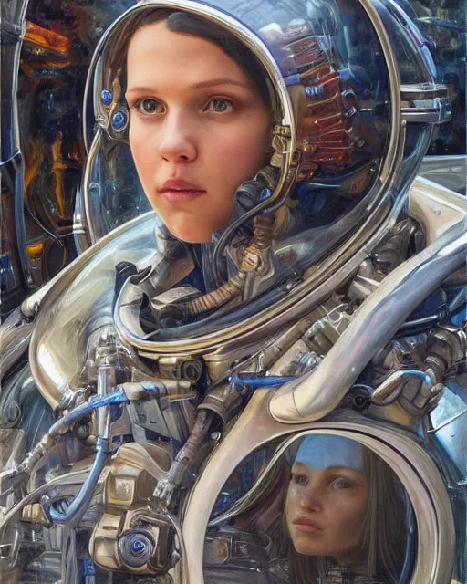 Prompt: a realistic oil painting of a girl resembling alicia vikander or millie bobby brown wearing a spacesuit in a futuristic mechanical spaceship engine, highly detailed, intricate, artstation, by donato giancola