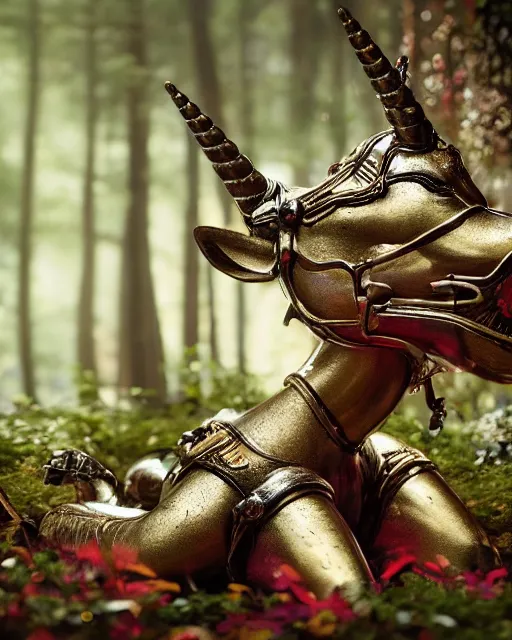 Prompt: highly detailed closeup of a tin toy unicorn in a fairytale forest, depth of field, fashion photoshoot by hyung tae, frank frazetta, bosch, giger, breathtaking, detailed and intricate environment, 8 k resolution, hyperrealistic, octane render