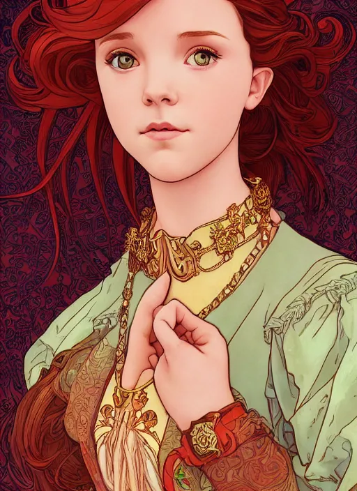 Image similar to well - lit art nouveau portrait of a 1 3 - year old girl who resembles millie bobby brown with red hair as a princess with intricate, ornate jewelry, natural lighting, path traced, highly detailed, high quality, cartoon, digital painting, by don bluth and ross tran and studio ghibli and alphonse mucha