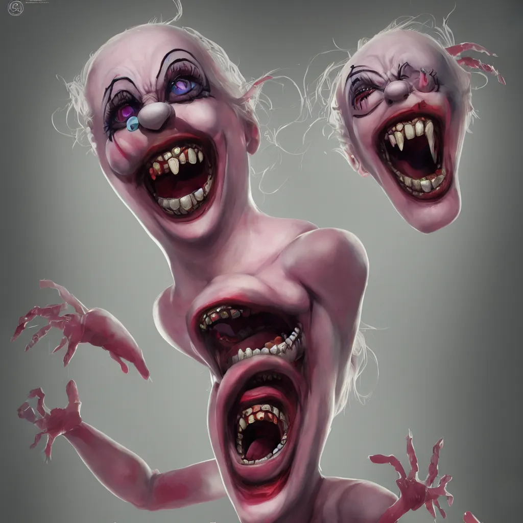 Image similar to a scary female clown laughing, directed gaze, full - body and head view, highly detailed, zeronis style, artstation, soft light, sharp focus, illustration, character design, concept art