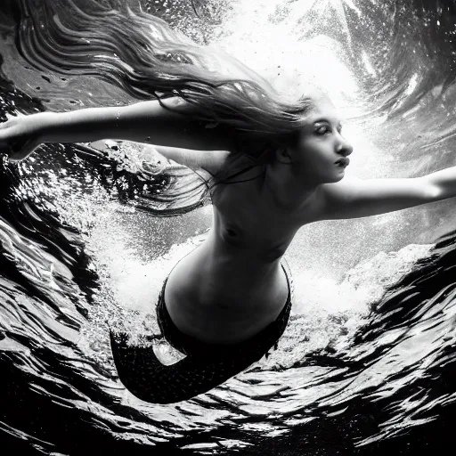 Image similar to black and white photograph of a beautiful mermaid swimming underwater, hyperdetailed, 4 k,