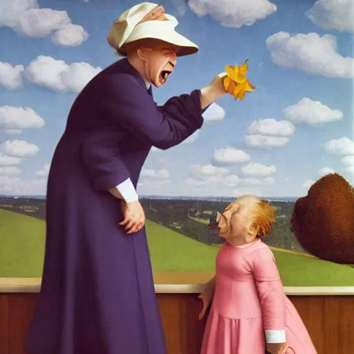 Image similar to a batshit crazy old woman yelling at the kids by Raphael, Hopper, and Rene Magritte. detailed, romantic, enchanting, trending on artstation.