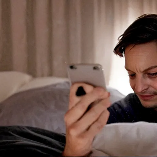 Image similar to tobey maguire texting on his phone inside of his bedroom during a rainy night, cinematic lighting, photorealistic, highly detailed,