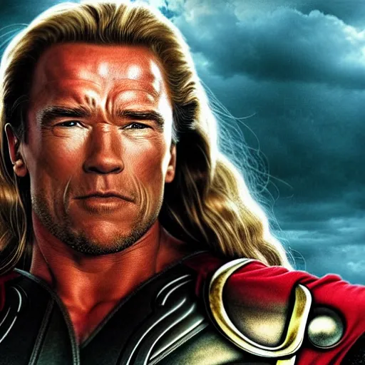 Prompt: Arnold Schwarzenegger as Thor, realistic photo portrait, movie poster