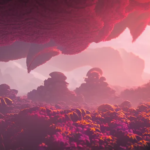 Image similar to an epic flowering alien landscape in the style of origami, 8 k, cinematic light, artstation