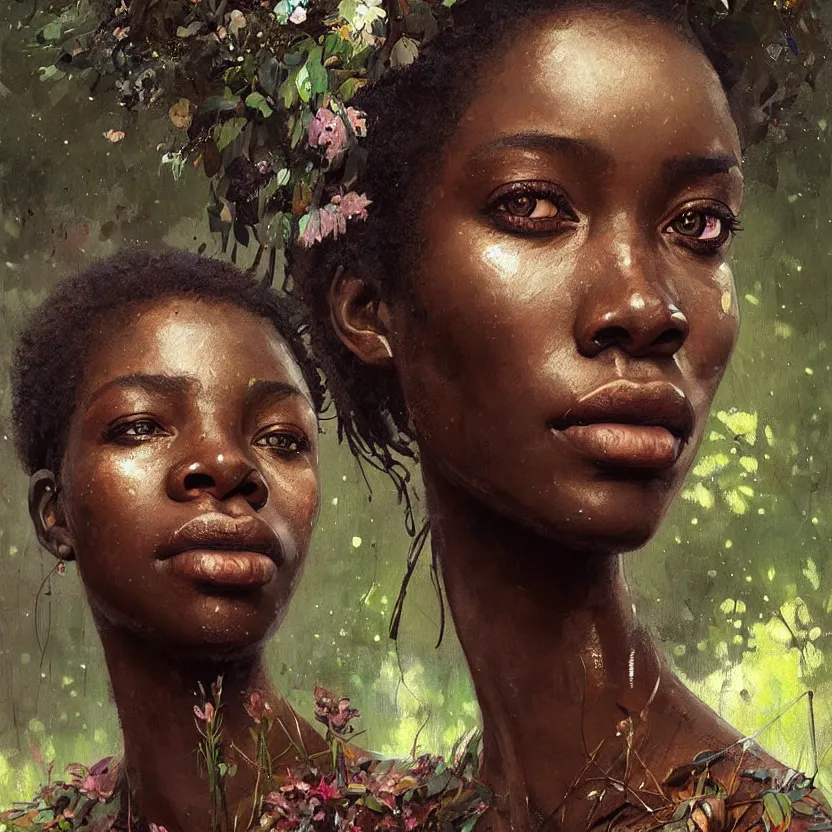 Image similar to detailed portrait of a african woman with beautiful eyes and thick lip forest girl, flowers and trees, by ismail inceoglu dragan bibin hans thoma greg rutkowski alexandros pyromallis nekro rene maritte illustrated, perfect face, fine details, realistic shaded, fine - face, pretty face