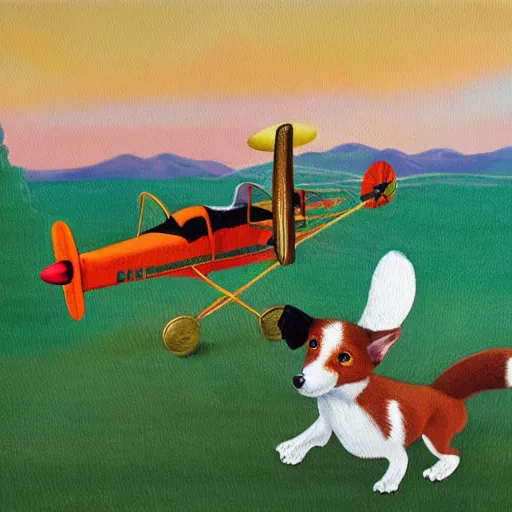 Prompt: 3 toy fox terriers flying a biplane, dog faces alert, beautiful painting, dappled fur pattern, style of tin tin