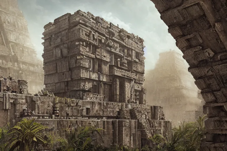 Prompt: brutalist Aztec architecture, tzompantli, feathers by Jessica Rossier and HR Giger