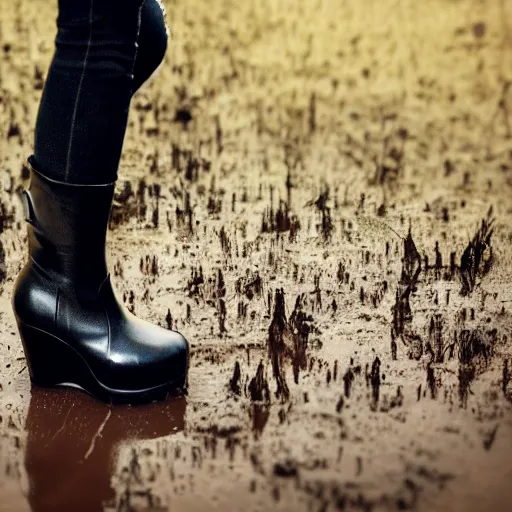 Prompt: a photo of a woman walking trough muddy nature in her shiny black platform boots, wedge heel, very chunky goth style, really muddy, close up of her feet and calves, 8k