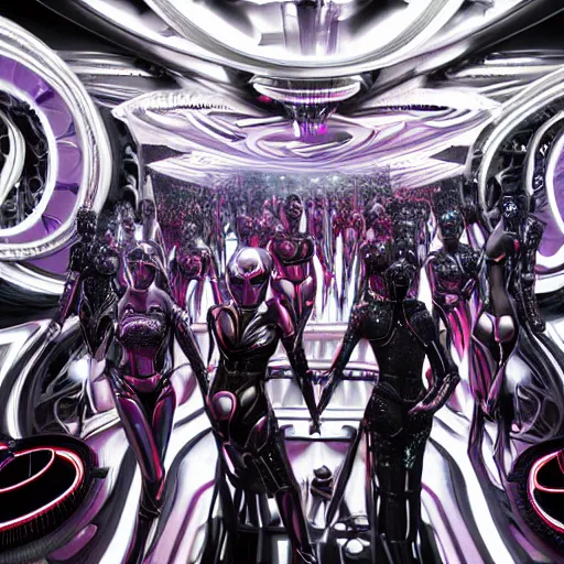 Image similar to ultra realist soft painting render of the inside of a futuristic nightclub, beautiful cyberwear armored cyborg dancers, crowded silhouettes, symmetry accurate features, very intricate details, black white red purple color palette, masterpiece award winning, cinematic lighting, focus, tom bagshaw artstyle