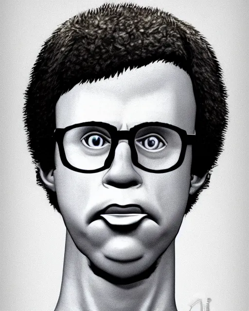 Prompt: character portrait of napoleon dynamite with the body of arnold schwarzenegger, 8 k, ultra realistic, photorealistic, fine details
