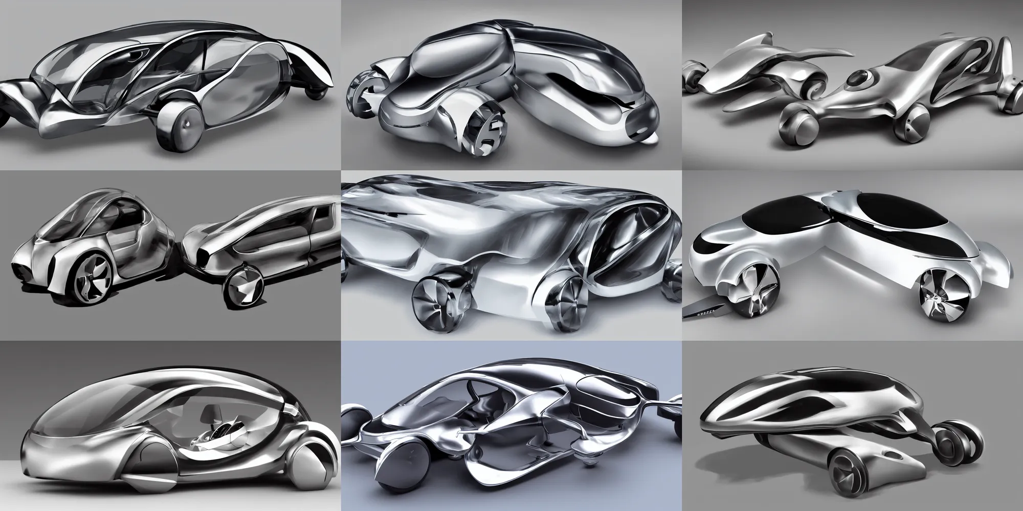 Prompt: an unmanned auto car that can fly, concept art, chrome plated