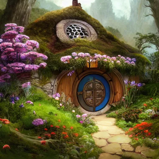 Image similar to A beautiful digital painting of a hobbit house covered in flowers, mushrooms and moss with a door and windows and a front path and garden in the shire by Stanley Artgerm Lau, frank frazetta, Rossdraws, James Jean, gerald brom, Andrei Riabovitchev, Marc Simonetti, and Sakimichan, trending on artstation, SFW version