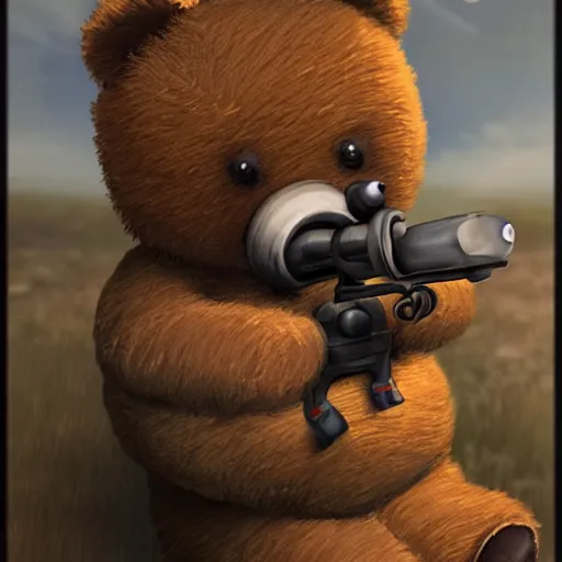 Prompt: A teddy bear holding a rocket launcher. Trending on Artstation. Highly detailed