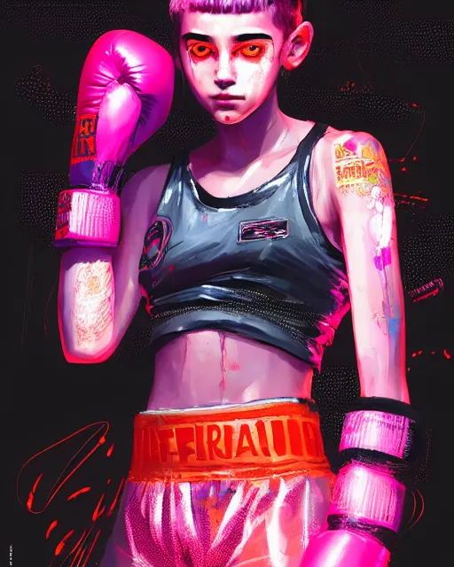 Image similar to detailed portrait Neon boxer Girl, cyberpunk futuristic neon, reflective crop top and shorts, boxing gloves, decorated with traditional Japanese ornaments by Ismail inceoglu dragan bibin hans thoma greg rutkowski Alexandros Pyromallis Nekro Rene Maritte Illustrated, Perfect face, fine details, realistic shaded, fine-face, pretty face