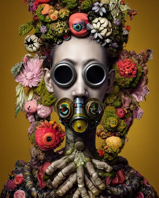 Prompt: a maximalist biomorphic portrait with with large eyes, expressive, wearing a botanical gas mask by arcimboldo, baroque painting by ayami kojima, mark ryden, haunting surrealism by dali, statue, high fashion, focus on head, soft light, 4 k, octane high quality render