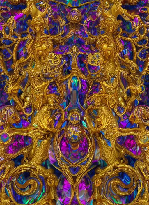 Image similar to a magnificent being with multiple eyes and organic limbs made of colorful crystals light and golden baroque ornaments by alex gray, 3D, 8k resolution