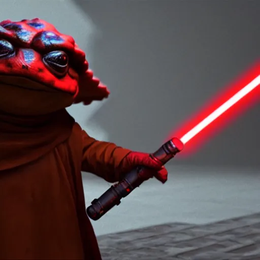 Prompt: toad sith lord with red light saber, photorealistic, unreal engine 5