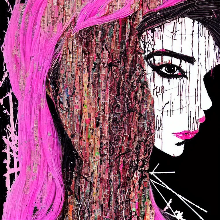 Prompt: a beautiful face gothic girl, pink hair in a stunning black dress playing a piano by el anatsui and carne griffiths