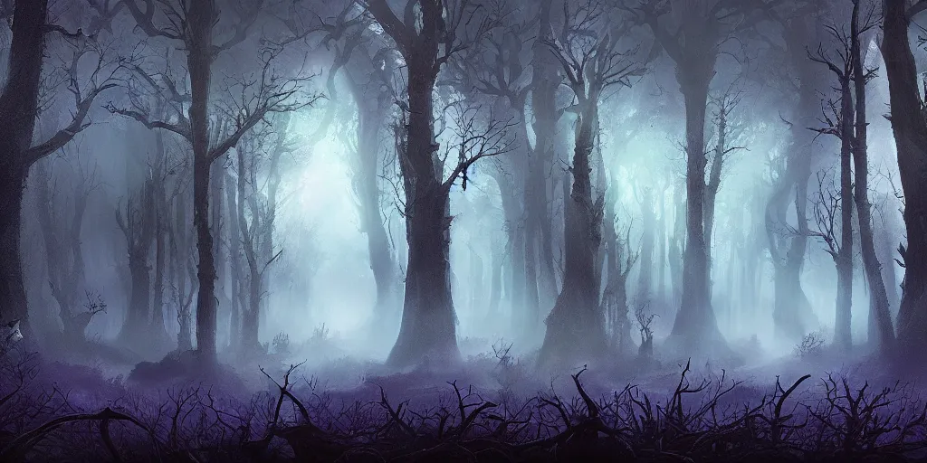 Image similar to beautiful matte painting of a fantasy dark forest at night