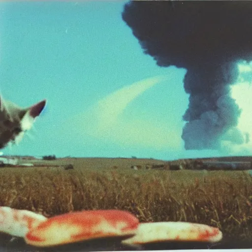 Image similar to A polaroid photo of a cat watching a mushroom cloud in the distance