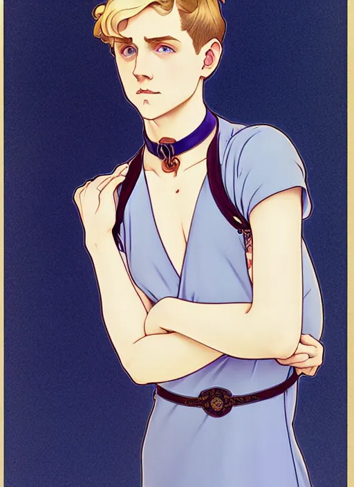 Image similar to art nouveau portrait of a pretty young man with short blond hair, light blue eyes, sad expression, scared, head down, shy and demure, wearing a choker collar, natural lighting, path traced, highly detailed, high quality, cartoon, digital painting, by don bluth and ross tran and studio ghibli and alphonse mucha