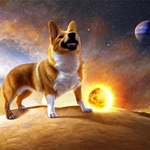 Prompt: giant corgi as big as the sun, standing in the solar system, oil on canvas, intricate, 8k highly professionally detailed, HDR, CGsociety