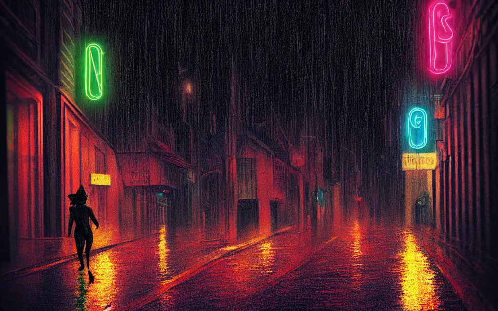 Image similar to black cat running through heavy rain in an emprty neon lit street at night by wlop, ultra detailed color art, high detail, digital art