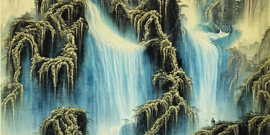 Prompt: “ large ancient gate to other world in the center of waterfall in chinese watercolor painting, oil painting, masterpiece, aesthetic ”