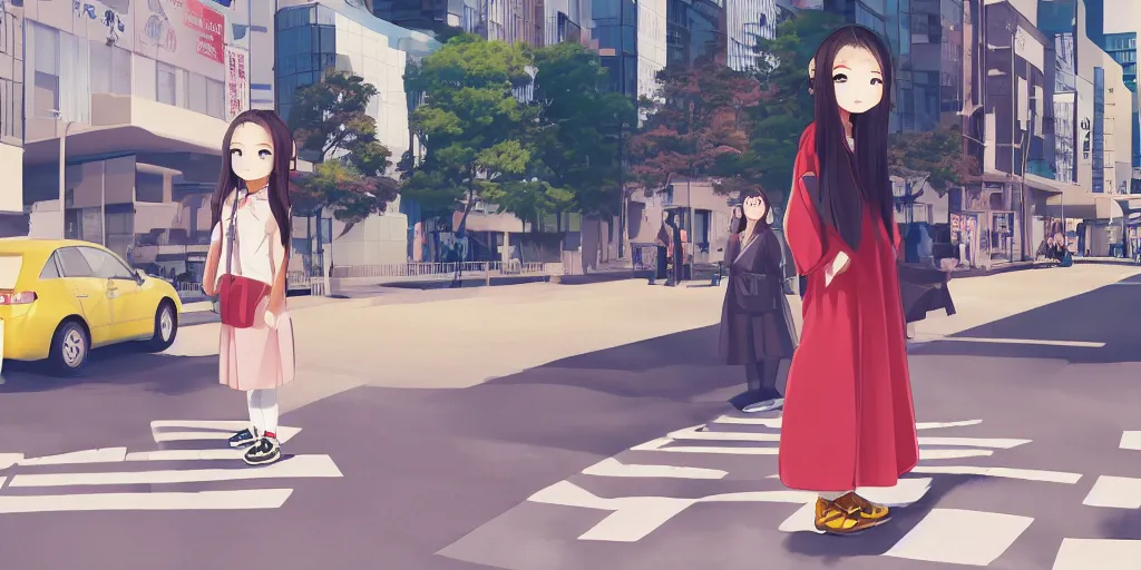 Image similar to a girl with long hair on japanese uniform high school, waiting on a crosswalk, urban city background, digital art, 8 k,