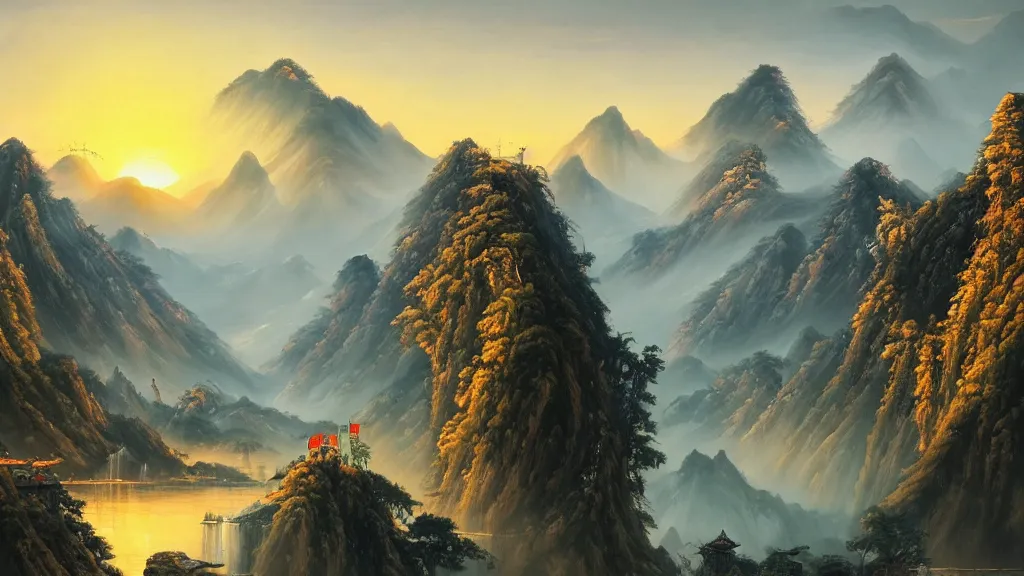 Prompt: a Chinese empire with mountains and a sunset in the distance, highly detailed oil painting, epic fantasy art, abstraction, masterpeice, 8k
